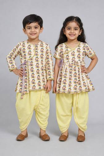 White & yellow printed cotton silk dhoti kurta brother sister matching combo