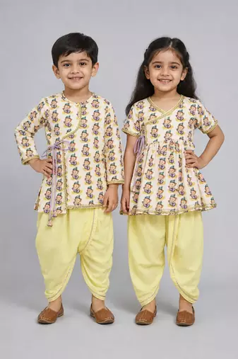 White & yellow printed cotton silk dhoti kurta brother sister matching combo