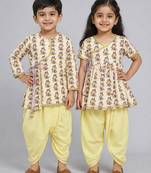White & yellow printed cotton silk dhoti kurta brother sister matching combo