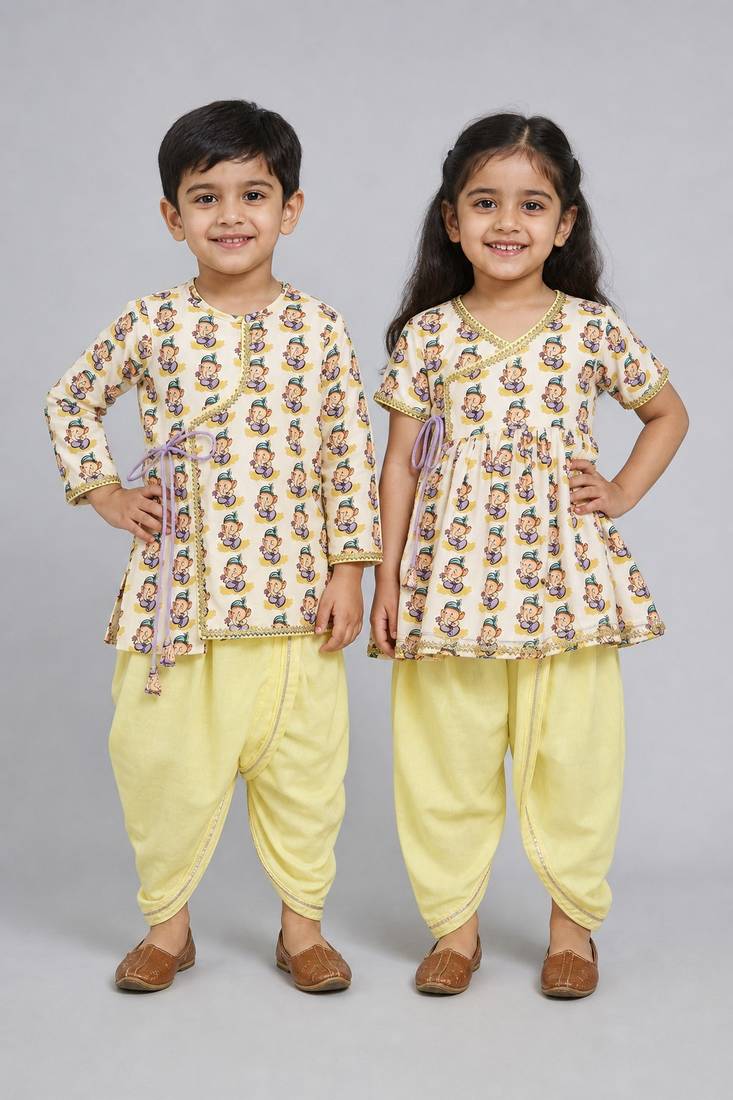 White & yellow printed cotton silk dhoti kurta brother sister matching combo