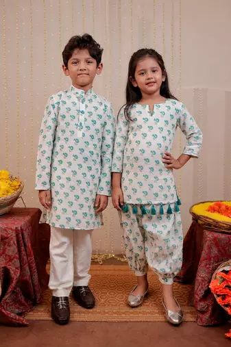 White block printed crepe & cotton silk kurta set & kurta pyjama brother sister matching combo