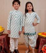White block printed crepe & cotton silk kurta set & kurta pyjama brother sister matching combo