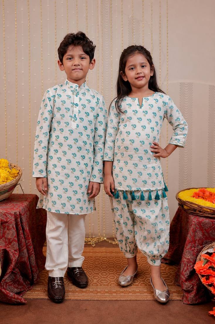 White block printed crepe & cotton silk kurta set & kurta pyjama brother sister matching combo