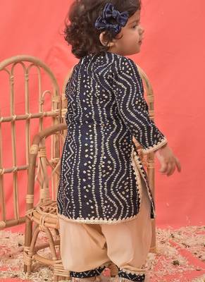 Navy blue printed & bandhani rayon kurta patiala set & kurta pyjama brother sister matching combo 2