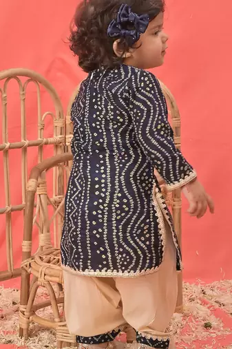 Navy blue printed & bandhani rayon kurta patiala set & kurta pyjama brother sister matching combo