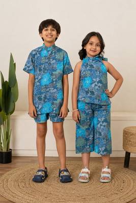 Turquoise blue & blue printed cotton co-ord set brother sister matching combo 1
