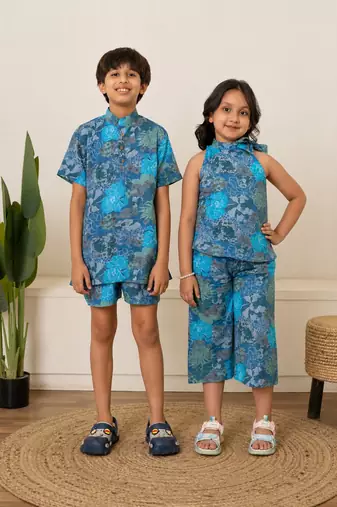 Turquoise blue & blue printed cotton co-ord set brother sister matching combo