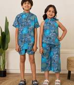 Turquoise blue & blue printed cotton co-ord set brother sister matching combo