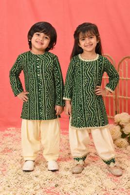 Green printed & bandhani rayon kurta patiala set & kurta pyjama brother sister matching combo 1