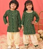 Green printed & bandhani rayon kurta patiala set & kurta pyjama brother sister matching combo