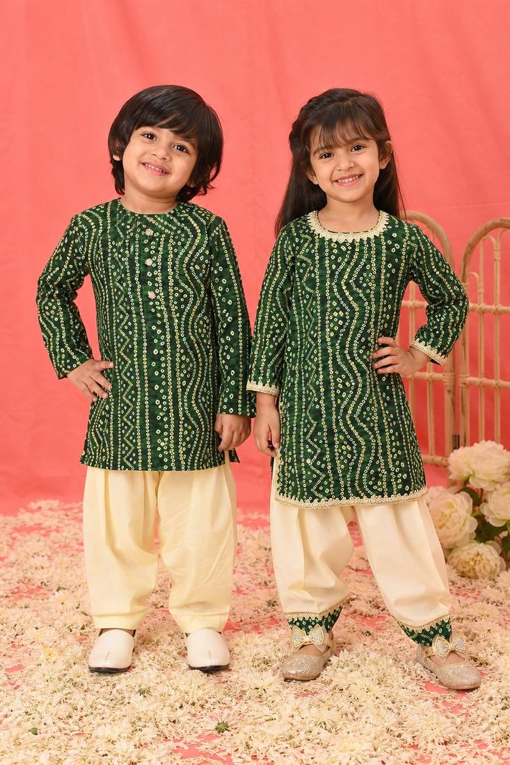 Green printed & bandhani rayon kurta patiala set & kurta pyjama brother sister matching combo