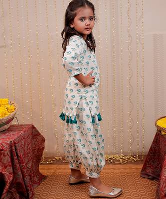 White block printed crepe & cotton silk kurta set & kurta pyjama brother sister matching combo 2