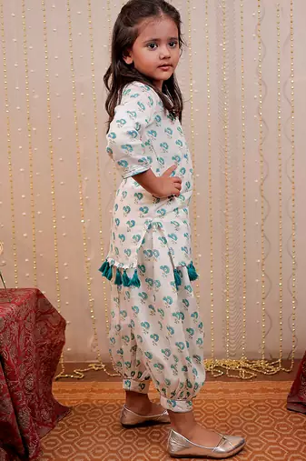 White block printed crepe & cotton silk kurta set & kurta pyjama brother sister matching combo