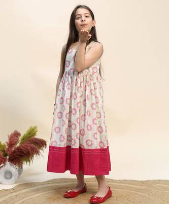 Pink & white printed cotton dress & kurta pant brother sister matching combo 2