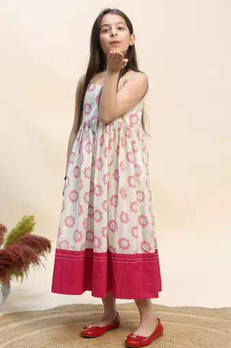 Pink & white printed cotton dress & kurta pant brother sister matching combo