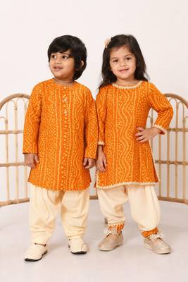 Yellow printed rayon kurta patiala set & kurta pyjama brother sister matching combo 1