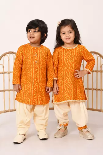 Yellow printed rayon kurta patiala set & kurta pyjama brother sister matching combo