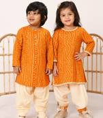 Yellow printed rayon kurta patiala set & kurta pyjama brother sister matching combo