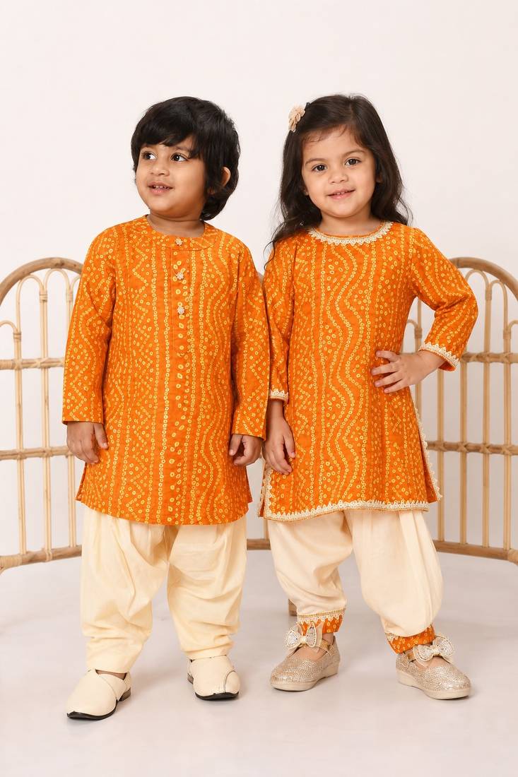 Yellow printed rayon kurta patiala set & kurta pyjama brother sister matching combo