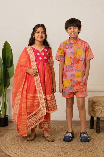 Rani pink gota embroidered organza anarkali set & co-ord set brother sister matching combo
