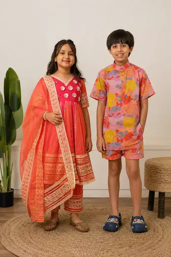 Rani pink gota embroidered organza anarkali set & co-ord set brother sister matching combo