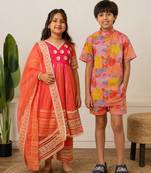Rani pink gota embroidered organza anarkali set & co-ord set brother sister matching combo