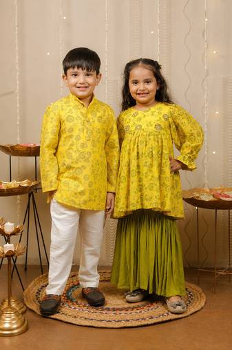 Yellow printed georgette & cotton sharara set & kurta jacket brother sister matching combo