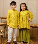 Yellow printed georgette & cotton sharara set & kurta jacket brother sister matching combo