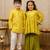 Yellow printed georgette & cotton sharara set & kurta jacket brother sister matching combo