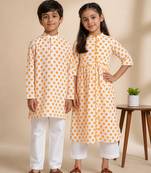 Yellow & white printed cotton kurta set & kurta pant brother sister matching combo