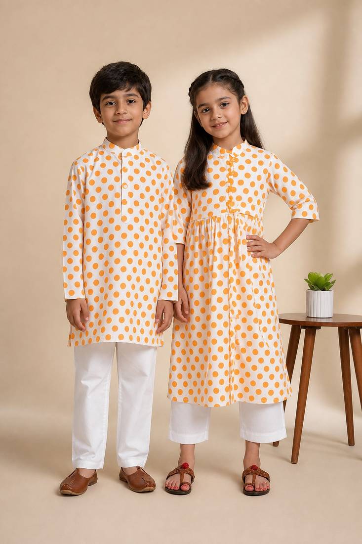 Yellow & white printed cotton kurta set & kurta pant brother sister matching combo