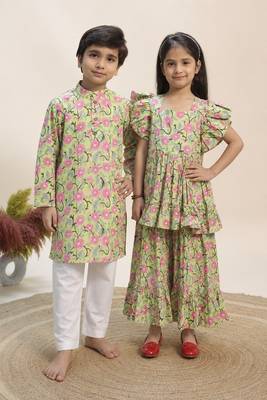 Green printed cotton dress & kurta pant brother sister matching combo 1