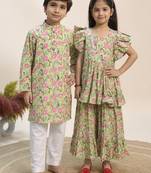 Green printed cotton dress & kurta pant brother sister matching combo