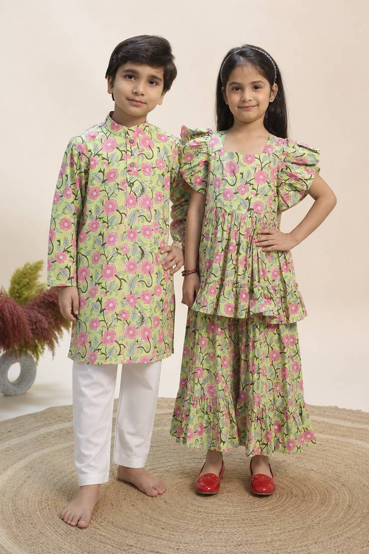 Green printed cotton dress & kurta pant brother sister matching combo