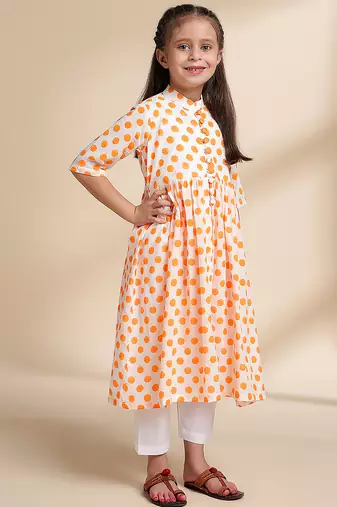Yellow & white printed cotton kurta set & kurta pant brother sister matching combo