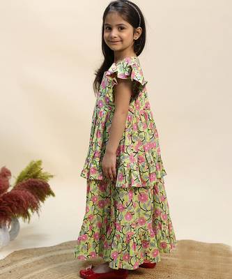 Green printed cotton dress & kurta pant brother sister matching combo 2