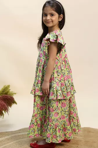 Green printed cotton dress & kurta pant brother sister matching combo