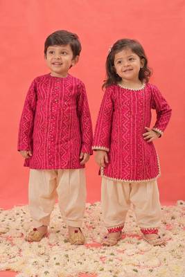 Pink printed rayon kurta patiala set & kurta pyjama brother sister matching combo 1
