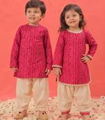 Pink printed rayon kurta patiala set & kurta pyjama brother sister matching combo