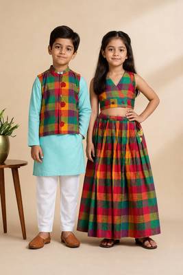 Multicolor printed cotton co-ord set & kurta jacket brother sister matching combo 1