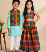 Multicolor printed cotton co-ord set & kurta jacket brother sister matching combo