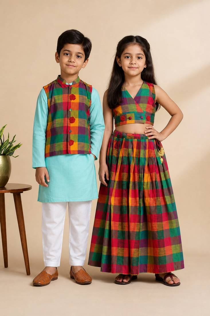 Multicolor printed cotton co-ord set & kurta jacket brother sister matching combo