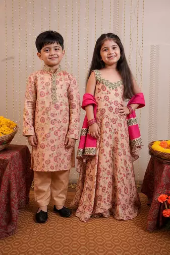 Beige block printed crepe & cotton kurta set & kurta pyjama brother sister matching combo