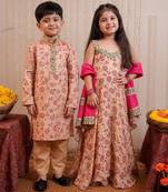 Beige block printed crepe & cotton kurta set & kurta pyjama brother sister matching combo