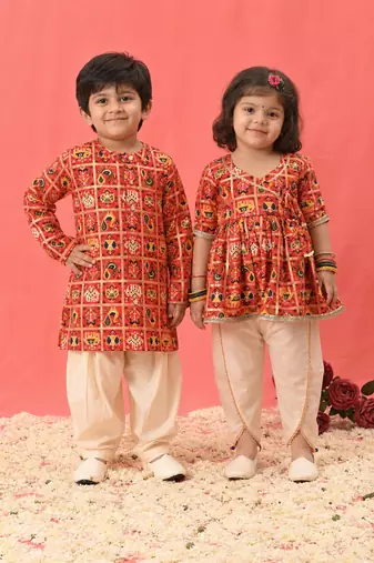 Red printed rayon dhoti kurta set & kurta pyjama brother sister matching combo