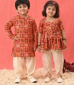 Red printed rayon dhoti kurta set & kurta pyjama brother sister matching combo