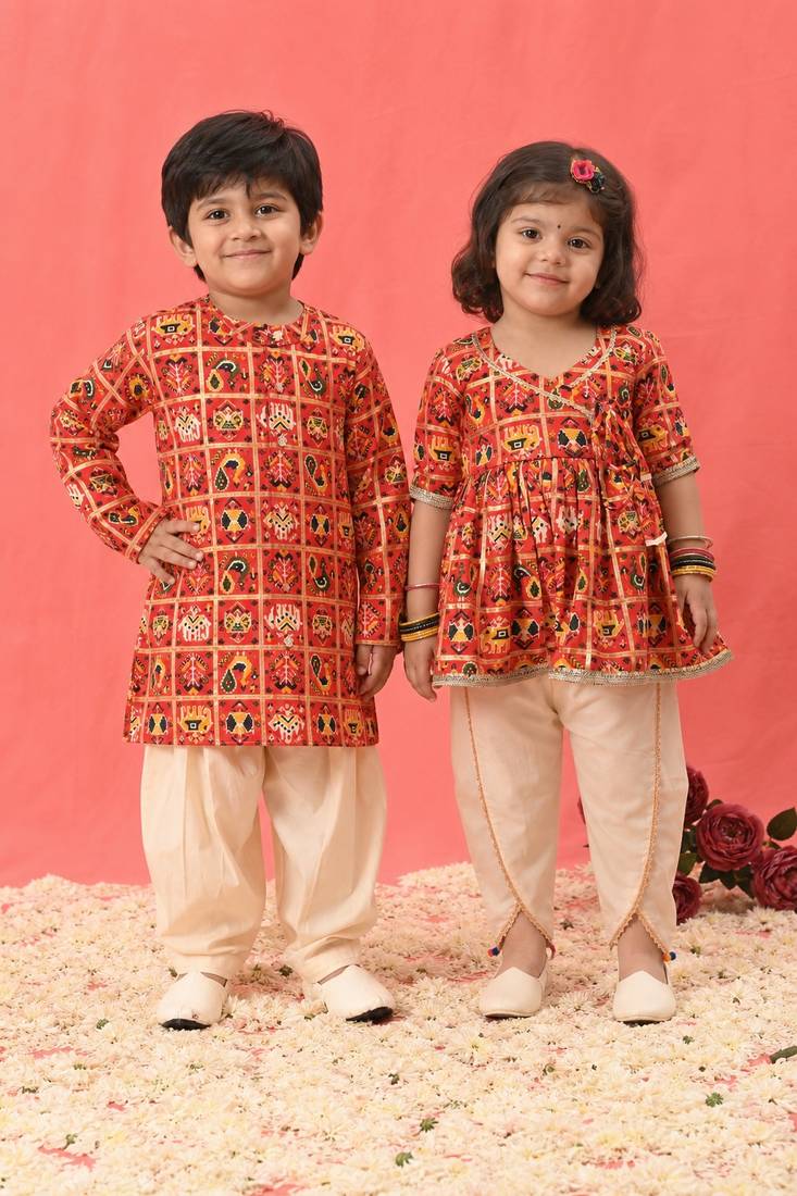 Red printed rayon dhoti kurta set & kurta pyjama brother sister matching combo