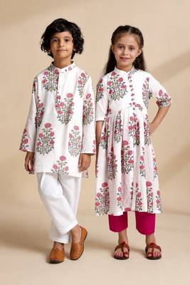 White printed cotton kurta set & kurta pant brother sister matching combo 1