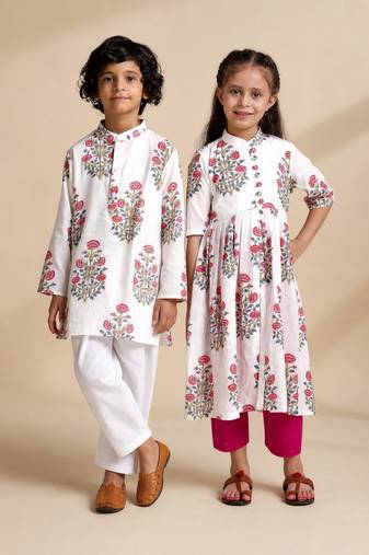 White printed cotton kurta set & kurta pant brother sister matching combo