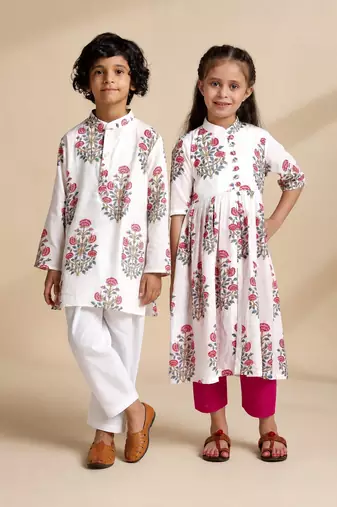 White printed cotton kurta set & kurta pant brother sister matching combo